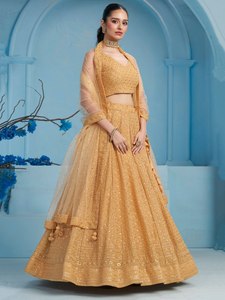 Embroidered Bridal Lehenga Set for Women Short <b>Top</b> Georgette Gold <b>Net</b> Dupatta Wedding Party Outfit Modern Ethnic Dress - Product Image 5