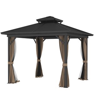 Gazebo à toit rigide brun foncé 10FT X 10FT avec structure en aluminium et toit en métal, rideaux à crochets inclus - Product Image 1