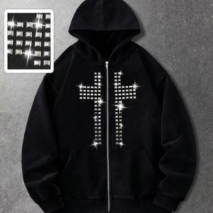 Sweat-shirt à capuche oversize pour homme, style urbain avec strass, streetwear décontracté, vêtements de sport, tissu épais. - Product Image 1