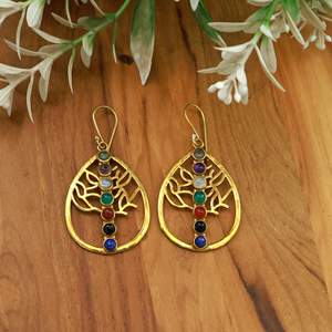 Boucles d'oreilles en pierres précieuses 7 chakras Arbre de Vie, faites à la main en laiton et plaqué argent, boucles d'oreilles pendantes en cristal de guérison, bijoux spirituels - Product Image 5
