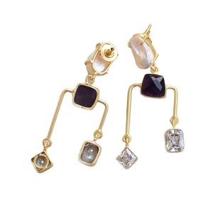 Boucles d'oreilles pendantes en laiton, zircon, pierre naturelle, perle d'eau douce, pompon, plaqué rhodium, faites à la main, cadeau classique, vente en gros - Product Image 3