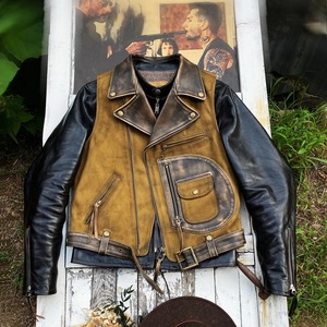 Blouson de moto vintage en toile cirée et cuir véritable, coupe-vent, imperméable, style urbain - Product Image 1