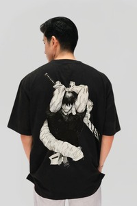 เสื้อยืดคอกลมแขนสั้นผู้ชายลายพิมพ์ตัวอักษร ผ้าคอตตอนเจอร์ซีย์ ทรงปกติ สีดำ สวมใส่สบาย พิมพ์ลายโลโก้ด้านหลัง สไตล์ลำลอง - Product Image 3