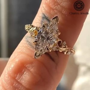 Charm_Jewells Women's Rose <b>Gold</b> Plated 18K Solid <b>Gold</b> Marquise Cut Moissanite Star <b>Cocktail</b> <b>Ring</b> Vintage Prong Setting - Product Image 4