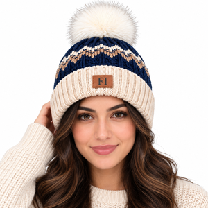 Bonnet en tricot torsadé avec pompon unisexe en acrylique doux, bonnet d'hiver à revers côtelé, patch en cuir personnalisé, casquette chaude et tendance, fournisseur USA - Product Image 2
