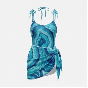 Women's <b>Blue</b> Agate Print Swimdress Halter Neck Tie Side Asymmetric Wrap One Piece Stretch Beachwear - Product Image 1