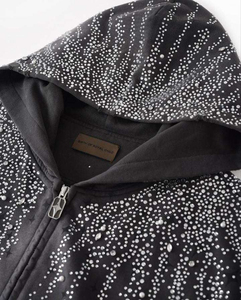 Nouveau sweat à capuche zippé unisexe en molleton 100% coton, style streetwear délavé à l'acide, orné de strass, confortable et tendance - Product Image 6
