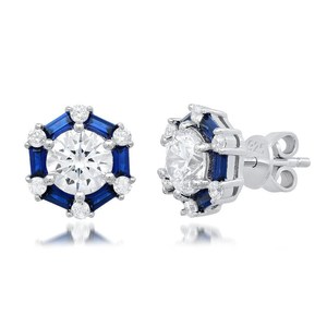 Classic Hexagon Stud <b>Earrings</b> With Round Diamond Center <b>And</b> <b>Blue</b> Sapphire Halo In 925 Sterling <b>Silver</b> For Women - Product Image 4