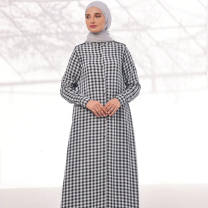 เสื้อคลุมอาบายะห์ผ้าฝ้ายลายตารางหมากรุกสำหรับผู้หญิง สวมใส่ได้ทุกฤดู ติดกระดุมหน้า เสื้อผ้าชาติพันธุ์สำหรับสุภาพสตรี - Product Image 1