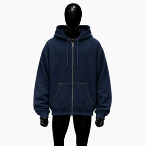 Sweat-shirt à capuche zippé bleu marine pour homme, couleur unie, décontracté, avec cordon de serrage, poche kangourou, coupe épaules tombantes - Product Image 1