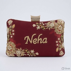 Neha Embroidered Silk <b>Clutch</b> Bag with Floral Beadwork Elegant Chain Strap & Zipper Closure for <b>Wedding</b> Parties - Product Image 2