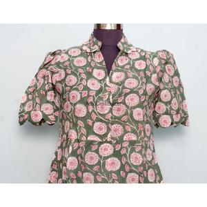 Kangura Women's Eco-friendly 100% Cotton Modern Floral A-Line Midi Dress V-Neck Short Sleeve Breathable Button Decoration Office - Product Image 2