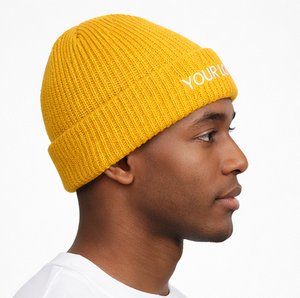 Custom Logo <b>Yellow</b> Rib Knit Cuffed <b>Beanie</b> Ribbed Knit <b>Beanie</b> with Custom Embroidered Logo Winter Cuffed Knit Hat - Product Image 2