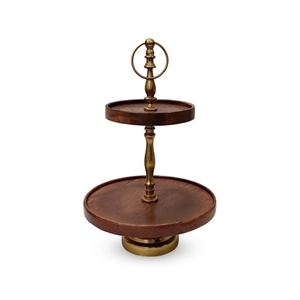 Support à gâteau en bois à 2 niveaux avec plateau en métal blanc et incrustations rayées, présentoir rond pour cupcakes et desserts pour mariage - Product Image 3