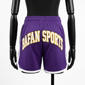 Shorts deportivos morados para mujer de malla de poliéster de alta calidad de 160 GSM con panel lateral blanco y logotipo bordado. - Product Image 5