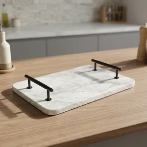 Plateau de rangement rectangulaire en marbre avec poignées en métal noir, design minimaliste, pour une utilisation en cuisine, durable - Product Image 4
