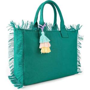 Women's Canvas Tote <b>Bag</b> With <b>Tassels</b> Fringe Top Handle Zipper Closure For Work Travel Beach Gym - Product Image 2
