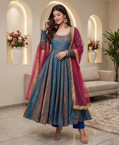 Robe Anarkali Indienne et Pakistanaise en Soie Sindoor avec Broderie Miroir et Bordure en Dentelle, Long Manteau et Dupatta pour Mariage et Fêtes - Product Image 1