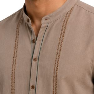 Camisa Casual de Lino y Algodón para Hombre, Color Caqui, Cuello Mandarín, Manga Corta, Transpirable, Verano, Bordada, Manga Enrollable, Personalizada OEM - Product Image 5