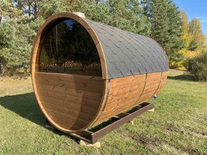 Sauna en bois rond avec fenêtres circulaires, cabine <span class=keywords><strong>de</strong></span> sauna extérieure en cèdre pour 4 à 6 personnes avec toit en bardeaux d'asphalte et <span class=keywords><strong>porte</strong></span> en verre - Product Image 2