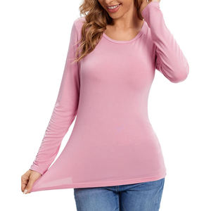 T-shirt décontracté à manches longues pour femme, col rond, couleur unie, tricoté, coupe ajustée, rose - Product Image 4