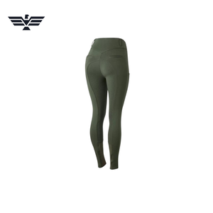 <b>Women</b> High Waist Full Length Riding Pants Olive Green Spandex Nylon Four-Way Stretch Button <b>Fly</b> Solid Color - Product Image 4