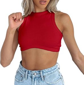 Débardeurs courts côtelés en maille sans manches à col rond pour femmes, avec logo personnalisé OEM, 95% coton, 5% élasthanne, 220 GSM - Product Image 2