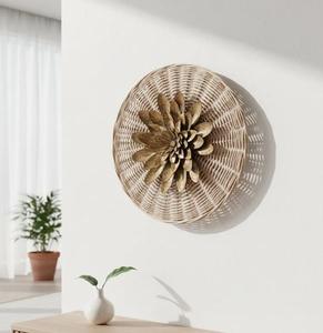 Handmade Bamboo Rattan Wall Art Circular Boho Flower Decor Beige <b>Plant</b> Fiber <b>Frame</b> Medium 25-32 Inch Home Decoration - Product Image 1