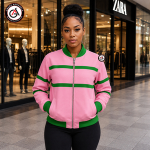 Chaqueta Bomber de Invierno para Mujer con Bordado de Hermandad Rosa Verde |   Uniforme Formal Personalizado Sublimado Verde Rosa para Hermandad, 100% Fibra de Bambú - Product Image 4