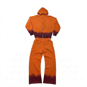 Custom Vintage Cotton Jogging Set Zip up Acid Wash Tracksuit Streetwear Hoodie and Straight Leg <b>Flared</b> Sweatpants <b>Men</b> & Women - Product Image 3
