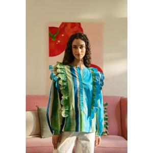 Blusa Casual de Mujer Ocean Play con Cuello Halter, 100% Algodón Popelín, Manga Larga Abullonada, Secado Rápido, Estampado Tie Dye, Estilo Urbano Holgado - Product Image 5