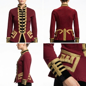 Veste de cérémonie pour femme, style hussard, bordeaux, avec garniture dorée, coupe ajustée, style napoléonien, vêtements européens - Product Image 6