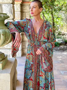Robe longue bohème vintage à fleurs, élégante, col en V, manches évasées, robe maxi imprimée en soie - Product Image 5