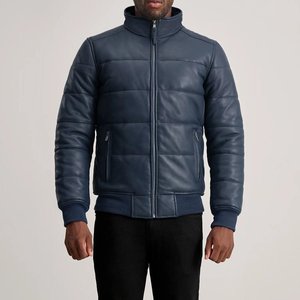Veste matelassée en cuir bleu foncé pour homme RELEVO, col montant, fermeture éclair, manteau d'hiver décontracté épais et chaud, style urbain - Product Image 2