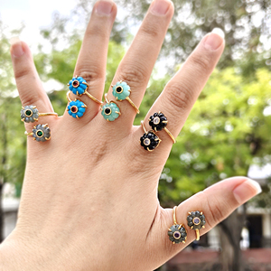 Best selling women jewelry melon shape multi gemstone with cz flower <b>ring</b> brass 18k gold plated double stone front <b>open</b> <b>rings</b> - Product Image 1