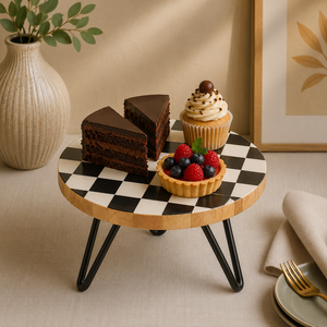 Wooden Cake Stand Round Dessert Display Rack Geometric Pattern Metal Legs Suitable for Party Wedding bakeries, cafés, restaurant - Product Image 1