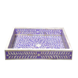 Plateau rectangulaire en os incrusté de pierres violettes, orné de motifs détaillés de feuilles et de fleurs, disponible à prix de gros. - Product Image 1