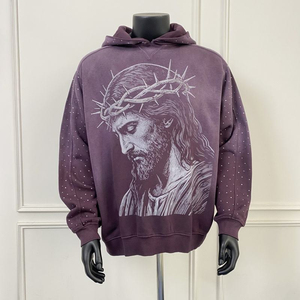 Sudadera con capucha de invierno para fabricantes, estilo hip hop, con lavado ácido, pedrería y efecto desgastado, con logotipo personalizado, de streetwear, lisa, transpirable y teñida. - Product Image 5