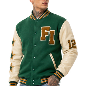 Veste de sport pour homme verte avec logo brodé et numéros, manches en cuir patchwork, col rabattu, style décontracté - Product Image 1