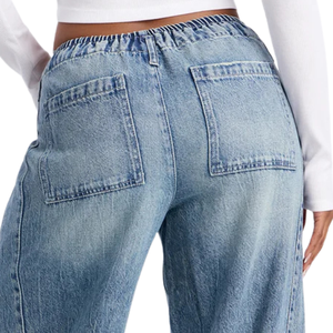 Muqeet Ghazal Womens Light Blue Washed Denim Cargo Jogger Pants Wide Leg Loose Fit High Elastic Waist Drawstring Breathable - Product Image 4