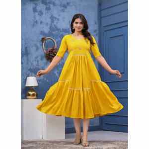 Elegante Vestido Maxi Amarillo 100% Algodón Lavable, Corte en A, Cuello en V, Casual para Mujer - Product Image 6