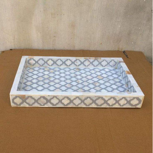 Traditional Wood Bone Inlay Tray with Geometric Pattern Elegant Accent for Dining <b>Coffee</b> <b>Table</b> - Product Image 1