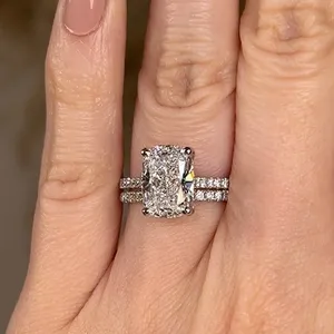 Moissanite <b>Cushion</b> Cut Engagement Ring Split Shank Double Band Silver Ring Luxury Bridal Jewelry - Product Image 1