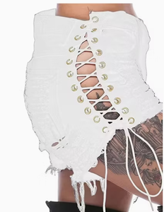 Shorts de mezclilla de cintura alta para mujer, con cordones, dobladillo deshilachado, estilo sexy de verano, estilo streetwear, de algodón. - Product Image 6