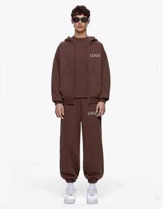 Mens Solid <b>Brown</b> Custom Logo Full Zip Hoodie and Matching <b>Jogger</b> Sweatpants Tracksuit OEM ODM Wholesale Apparel - Product Image 1