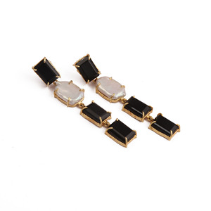 Black Onyx Pearl Trendy Brass <b>Drop</b> Earrings Natural Gemstone 18K Gold Plated Statement Jewelry Wholesale - Product Image 2