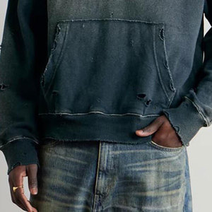 Men's Regular Fit Hooded Sweatshirt Solid Color Fleece 100% Cotton Breathable Streetwear Style Washed Distressed Pocket Design - Product Image 6
