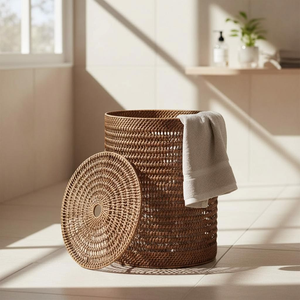Tall <b>rectangular</b> woven <b>basket</b> laundry <b>basket</b> with an attached hinged lid and a gold-toned metal stand, available at wholesale. - Product Image 2
