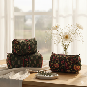 Estuche de Algodón Acolchado Reversible Ecológico para Bolsos, Juego de 3 Bolsas de Maquillaje y Cosméticos con Estampado Floral, Venta al Por Mayor para Viajes - Product Image 1