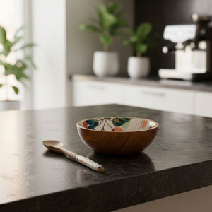 Eco Friendly Handmade Modern Wooden Daisy Mosaic Bowl and Spoon Set with Floral Design Plastic Free Packaging Business <b>Gift</b> - Product Image 3